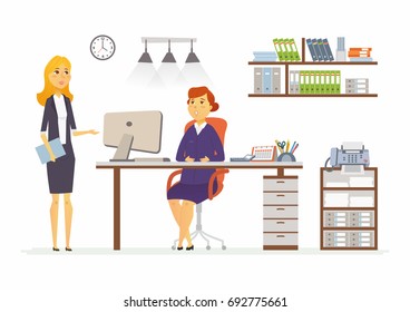 Office Discussion - vector illustration of a business situation. Cartoon people characters of young, middle age female colleagues at work. Manager, supervisor, secretary discussing plan, reporting