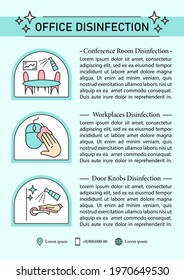 Office disinfection brochures.Conference room,workplace,doorknobs disinfection template.Flyer,magazine,poster,booklet.Pandemic preventive measure infographic concept.Layout illustration page with icon