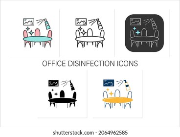 Office disinfection icons set. Workplaces sanitizing. Surface disinfection. Safety space and preventative measures.Collection of icons in linear, filled, color styles.Isolated vector illustrations