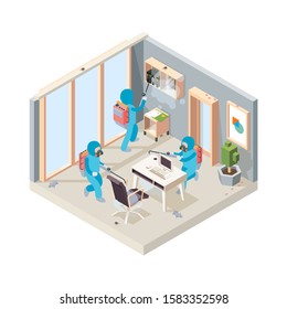 Office disinfection. Pest poison cleaning service working in room insects controlling vector isometric concept