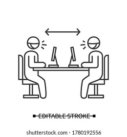 Office Distance Icon. Coughing Office Workers Line Pictogram. Concept Of Covid Infection Prevention, Openspace And Coworking Social Distancing Instruction. Editable Stroke Vector Illustration