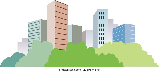 The office district lined with buildings can be seen beyond the trees in the park