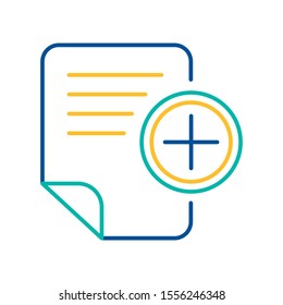 Office doc adding blue and yellow linear icon. Text file moving to folder color thin line pictogram