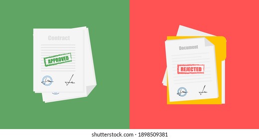 Office document. Approved and rejected. Vector flat illustration. Paper document page icon. Document with a stamp and signatures on green and red background.