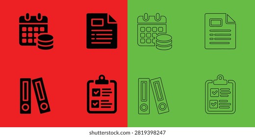 Office document, calendar, and binder with coin and checklist symbols in solid and outline styles on split