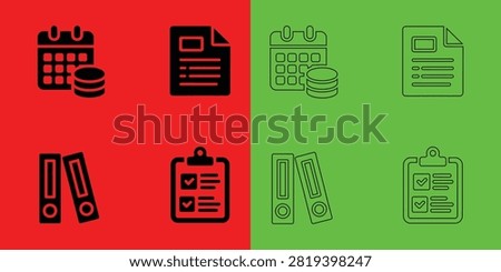 Office document, calendar, and binder with coin and checklist symbols in solid and outline styles on split