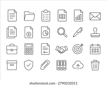 Office document and finance outline icon set featuring files, charts, and calculators. Suitable for accounting software UI, business administration apps, and corporate websites. Vector illustration