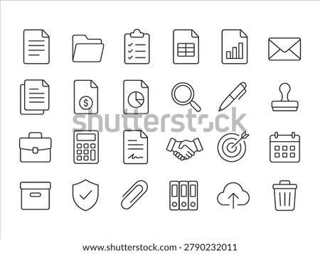 Office document and finance outline icon set featuring files, charts, and calculators. Suitable for accounting software UI, business administration apps, and corporate websites. Vector illustration