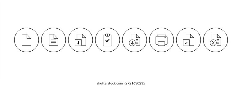 Conjunto de iconos de documento de Office en estilo de línea. Descarga, Iniciar sesión de símbolos de impresión estilo negro simple para App y Sitios web, Ilustración vectorial