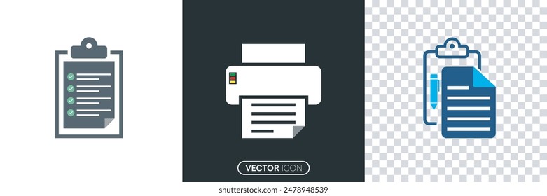  Office document icon set. Simple Set of Document Related Vector Line Icons. Clipboard, checklist, report, Printer printing document from set. Edit document symbol. vector illustration