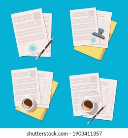 Office document icons set. Business documents. Vector isolated on blue background.