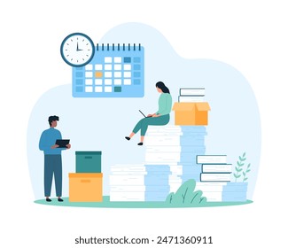 Office document management and data organization service, bureaucracy in company. Tiny people organize chaos piles of paper sheets into archive, directory and folder cartoon vector illustration