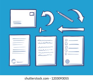 Office document and pin for papers and memo fixation isolated icons set vector. Envelope and correspondence mail. Arrowheads indicators and pencil