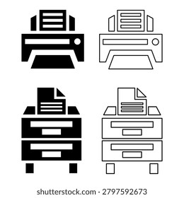 Office document processing icon silhouette vector illustration featuring printer and file essentials