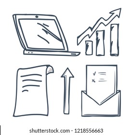 Office document and raising arrows set vector. Laptop screen monitor of gadget, sheet of paper and charts info. Message in envelope, correspondence