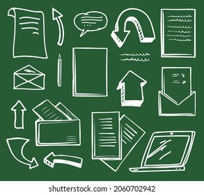 Office documentation and arrows showing direction isolated icons set vector. Message and envelope with page, correspondence and laptop screen monitor