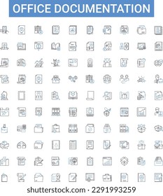 Office documentation outline icons collection. Office, Documentation, Files, Paperwork, Records, Manuals, Guidelines vector illustration set. Forms, Reports, Books line signs