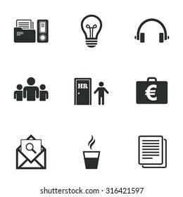 Office, documents and business icons. Accounting, human resources and group signs. Mail, ideas and money case symbols. Flat icons on white. Vector