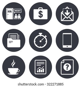 Office, documents and business icons. Accounting, human resources and phone signs. Mail, salary and statistics symbols. Gray flat circle buttons. Vector