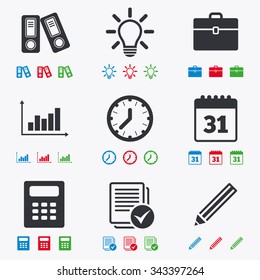 Office, documents and business icons. Accounting, calculator and case signs. Ideas, calendar and statistics symbols. Flat black, red, blue and green icons.