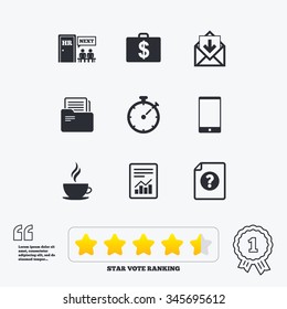 Office, documents and business icons. Accounting, human resources and phone signs. Mail, salary and statistics symbols. Star vote ranking. Award achievement and quotes.