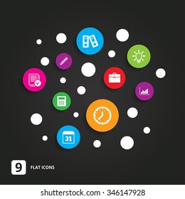 Office, documents and business icons. Accounting, calculator and case signs. Ideas, calendar and statistics symbols. Flat circle buttons with icons on black.