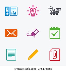 Office, documents and business icons. Accounting, strike and calendar signs. Mail, ideas and statistics symbols. Flat colored graphic icons.