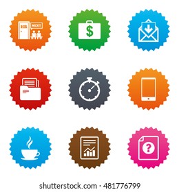 Office, documents and business icons. Accounting, human resources and phone signs. Mail, salary and statistics symbols. Stars label button with flat icons. Vector