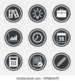 Office, documents and business icons. Accounting, calculator and case signs. Ideas, calendar and statistics symbols. Circle flat buttons with icons and border. Vector
