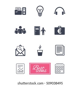 Office, documents and business icons. Accounting, human resources and group signs. Mail, ideas and money case symbols. Report document, calendar icons. Vector