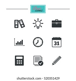 Office, documents and business icons. Accounting, calculator and case signs. Ideas, calendar and statistics symbols. Black flat icons. Classic design. Vector