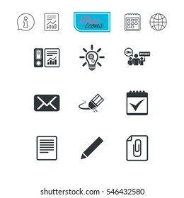 Office, documents and business icons. Accounting, strike and calendar signs. Mail, ideas and statistics symbols. Report document, calendar and information web icons. Vector