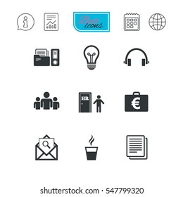 Office, documents and business icons. Accounting, human resources and group signs. Mail, ideas and money case symbols. Report document, calendar and information web icons. Vector