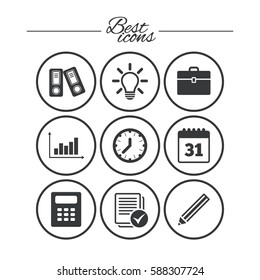 Office, documents and business icons. Accounting, calculator and case signs. Ideas, calendar and statistics symbols. Classic simple flat icons. Vector
