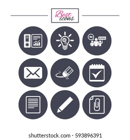Office, documents and business icons. Accounting, strike and calendar signs. Mail, ideas and statistics symbols. Classic simple flat icons. Vector