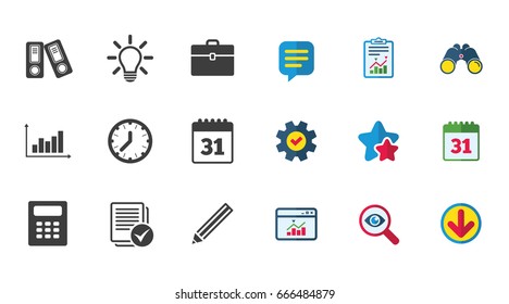 Office, documents and business icons. Accounting, calculator and case signs. Ideas, calendar and statistics symbols. Calendar, Report and Download signs. Stars, Service and Search icons. Vector