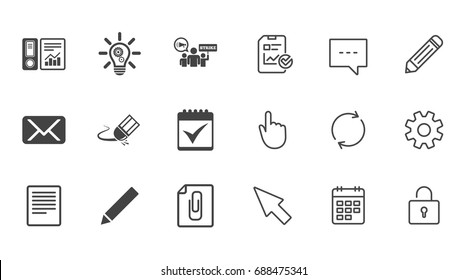 Office, documents and business icons. Accounting, strike and calendar signs. Mail, ideas and statistics symbols. Chat, Report and Calendar line signs. Service, Pencil and Locker icons. Vector