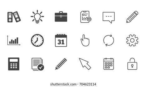 Office, documents and business icons. Accounting, calculator and case signs. Ideas, calendar and statistics symbols. Chat, Report and Calendar line signs. Service, Pencil and Locker icons. Vector