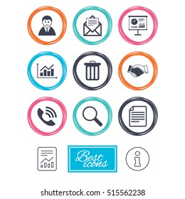 Office, documents and business icons. Businessman, handshake and call signs. Chart, presentation and mail symbols. Report document, information. Vector