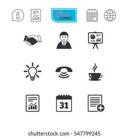 Office, documents and business icons. Businessman, handshake and call signs. Chart, presentation and calendar symbols. Report document, calendar and information web icons. Vector