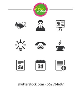 Office, documents and business icons. Businessman, handshake and call signs. Chart, presentation and calendar symbols. Classic simple flat icons. Vector