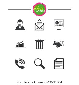 Office, documents and business icons. Businessman, handshake and call signs. Chart, presentation and mail symbols. Classic simple flat icons. Vector