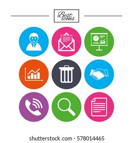 Office, documents and business icons. Businessman, handshake and call signs. Chart, presentation and mail symbols. Classic simple flat icons. Vector