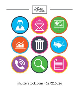 Office, documents and business icons. Businessman, handshake and call signs. Chart, presentation and mail symbols. Classic simple flat icons. Vector