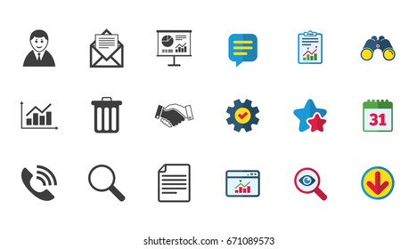 Office, documents and business icons. Businessman, handshake and call signs. Chart, presentation and mail symbols. Calendar, Report and Download signs. Stars, Service and Search icons. Vector