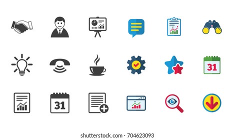 Office, documents and business icons. Businessman, handshake and call signs. Chart, presentation and calendar symbols. Calendar, Report and Download signs. Stars, Service and Search icons. Vector