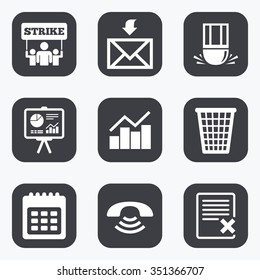Office, documents and business icons. Call, strike and calendar signs. Mail, presentation and charts symbols. Flat square buttons with rounded corners.