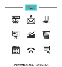 Office, documents and business icons. Call, strike and calendar signs. Mail, presentation and charts symbols. Black flat icons. Classic design. Vector