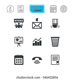 Office, documents and business icons. Call, strike and calendar signs. Mail, presentation and charts symbols. Report document, calendar and information web icons. Vector