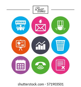 Office, documents and business icons. Call, strike and calendar signs. Mail, presentation and charts symbols. Classic simple flat icons. Vector